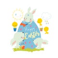 Cute Easter Bunnies coloring Big Easter Egg. Happy Holidays Royalty Free Stock Photo