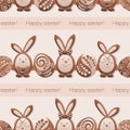 Cute Easter bunnies, eggs. Happy easter. Easter chocolate background with rabbit and easter eggs