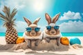 Cute Easter bunnies with eggs on vacation beach. Easter travel