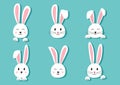 Cute Easter bunnies hand drawn, face of rabbits with shadow on turquoise background. Elements for design greeting cards. Vector Royalty Free Stock Photo