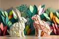 Cute Easter bunnies made of paper, handmade. Happy Easter. Spring Festival. Generative AI