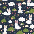 Cute Easter bunnies seamless vector kids pattern. Cute bunny, Easter eggs, flowers, clouds on blue background. Cartoon style