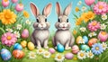 Cute easter bunnies with spring flowers and easter eggs Royalty Free Stock Photo