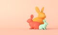 Cute easter bunnny background. Three colourful rabbits. 3D Rendering Royalty Free Stock Photo