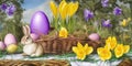 AI generated image of Cute Easter bunny baby in a spring garden with yellow crocus flowers in a braided basket Royalty Free Stock Photo
