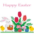 Cute Easter Bunny with basket of painted eggs, yellow chickens and spring flowers on white background Royalty Free Stock Photo
