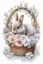 Cute Easter bunny in beautiful basket with flowers.