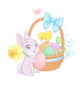 Cute Easter bunny and chick with basket full of eggs and flowers. Cartoon vector illustration on white background. Royalty Free Stock Photo