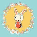 Cute Easter bunny with Easter egg in the middle of floral wreath. Vector illustration on blue background Royalty Free Stock Photo