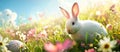 Cute Easter bunny with Easter egg on a blooming spring meadow. Happy Easter concept background. Generative AI