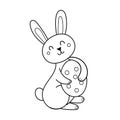 Cute Easter bunny with egg coloring page. Spring black and white print for coloring book Royalty Free Stock Photo