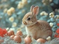 Cute Easter bunny with eggs on a background of flowering plants Royalty Free Stock Photo