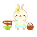 Cute Easter bunny with eggs. Cartoon kawaii rabbit going egg hunt. Isolated clip art, sticker for Easter design