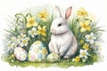 Cute easter bunny with easter eggs in the grass with daffodils. Watercolor. Generative AI