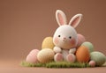 Cute Easter Bunny And Eggs On Green Grass And Brown Background Studio Lighting 3d Render Royalty Free Stock Photo