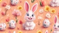 Cute Easter Bunny with Floral Patterned Eggs and Flowers Royalty Free Stock Photo