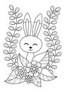 Cute easter bunny in flowers doodle coloring book page. Hand Drawn black and white sketch. Antistress coloring book page for