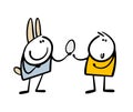 Cute Easter bunny gives egg gift to doodle friend stickman. Vector illustration of cartoon boy and friendly pet