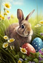 Cute easter bunny in grass and daisy flowers nest with colorful easter eggs Royalty Free Stock Photo