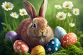 Cute easter bunny in grass and daisy flowers nest with colorful easter eggs Royalty Free Stock Photo