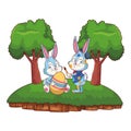 Cute easter bunny happy friends artist nature background frame trees