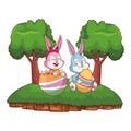 Cute easter bunny happy friends cracked egg nature background frame trees Royalty Free Stock Photo