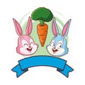 Cute easter bunny happy friends portrait with carrot round frame ribbon banner