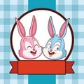 Cute easter bunny happy friends portrait checkered background round frame ribbon banner Royalty Free Stock Photo