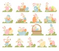 Cute Easter Bunny Having Long Ears with Eggs Engaged in Different Activity in the Garden Big Vector Set Royalty Free Stock Photo