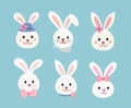 Set of cute white bunny head icon. Easter rabbit. Flat stock vector illustration. Royalty Free Stock Photo
