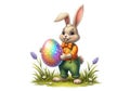 Cute easter bunny holding a rainbow painted egg in a meadow Royalty Free Stock Photo