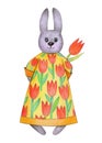 Cute Easter bunny holding tulip. Royalty Free Stock Photo