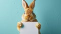Cute Easter bunny is holding a white sheet of paper for your text. Easter banner with rabbit on blue background