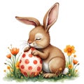 Cute Easter bunny hugging a polka-dot egg surrounded by vibrant orange flowers in springtime Royalty Free Stock Photo