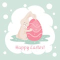 Cute Easter bunny hugs a large colored egg. Easter card. Vector illustration. Minimalism Royalty Free Stock Photo