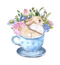 Cute Easter bunny illustration. Watercolor cartoon rabbit in a whimsical tea cup with pink spring flowers. Easter card