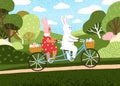 Cute Easter bunny and kid riding bicycle. Happy child and rabbit cycling with eggs for spring holiday. Girl and fairy