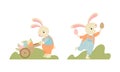 Cute Easter Bunny with Long Ears in Jumpsuit Pulling Wheelbarrow with Eggs Vector Set Royalty Free Stock Photo