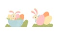 Cute Easter Bunny with Long Ears Sitting in Bowl with Eggs Vector Set