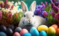 A cute easter bunny among painted multicolor eggs and flowers in a garden, copy space generative AI