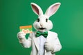 Cute Easter Bunny presenting a gift card - stock picture