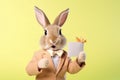 Cute Easter Bunny presenting a gift card - stock picture