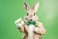 Cute Easter Bunny presenting a gift card - stock picture