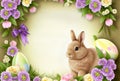 Flower Border Frame with Cute Easter Bunny Rabbit, Decorated Eggs, - Generative AI