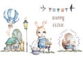 Cute easter bunny, rabbit an easter egg. Hand painting isolated illustration for greeting card. Cute farm animal Royalty Free Stock Photo