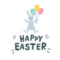 Cute easter bunny, easter rabbit. Greeting card with Happy Easter writing, letterin. Vector