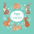 Cute easter bunny rabbit. Happy spring card with jumping and standing animals, greeting cards. Decorative frame. Drawing