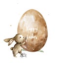 Cute easter bunny, rabbit painting an easter egg. Hand painting isolated illustration for greeting card. Cute farm Royalty Free Stock Photo