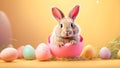 Cute easter bunny rabbit sitting in a cracked egg on pastel yellow background. AI generated Royalty Free Stock Photo