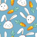 Cute easter bunny seamless pattern. Doodle rabbit with carrot on blue background. Easter background with cute characters